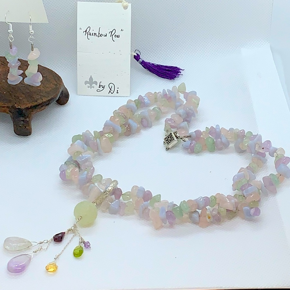 Handcrafted “Rainbow Row” Faceted Gems, Multi Color & 925 Necklace & Earring Set